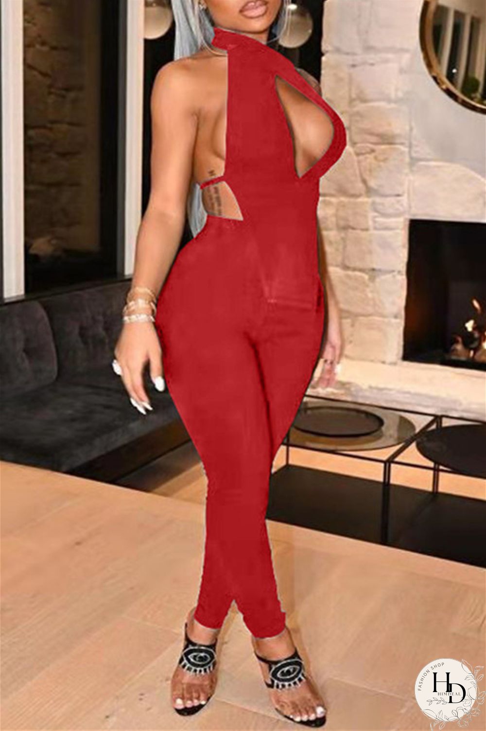Red Fashion Sexy Solid Hollowed Out Backless Turtleneck Sleeveless Two Pieces