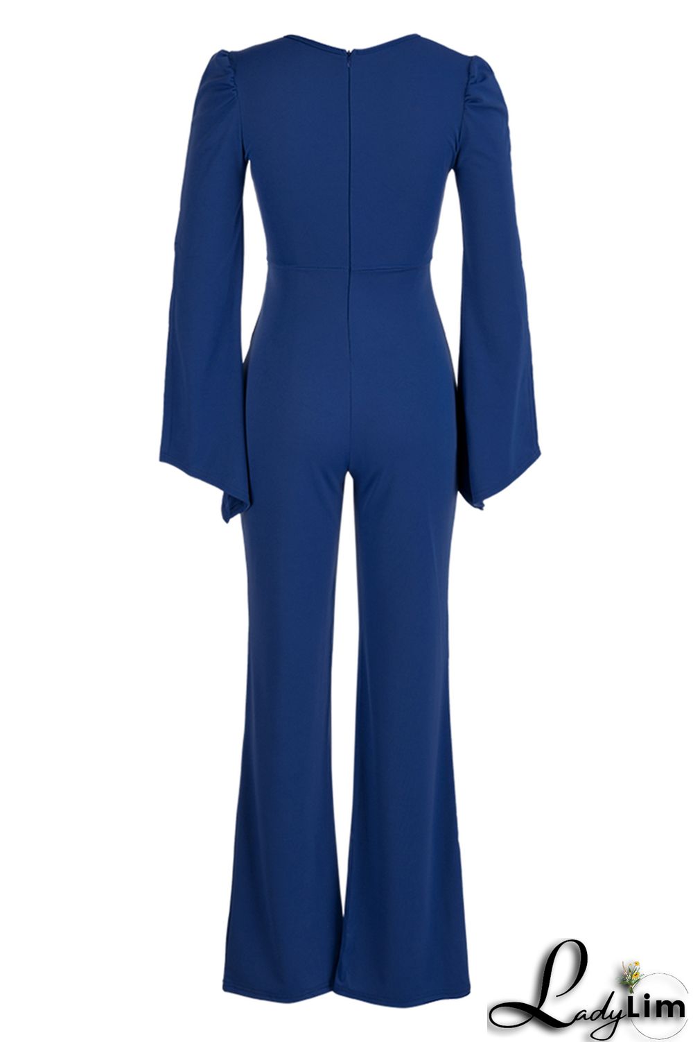 Blue Fashion Casual Solid Bandage Slit V Neck Regular Jumpsuits