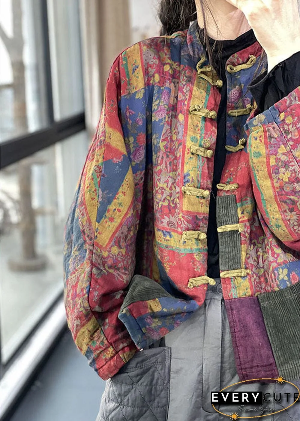 Vintage Red Pockets Button Print Fall Long sleeve Coat