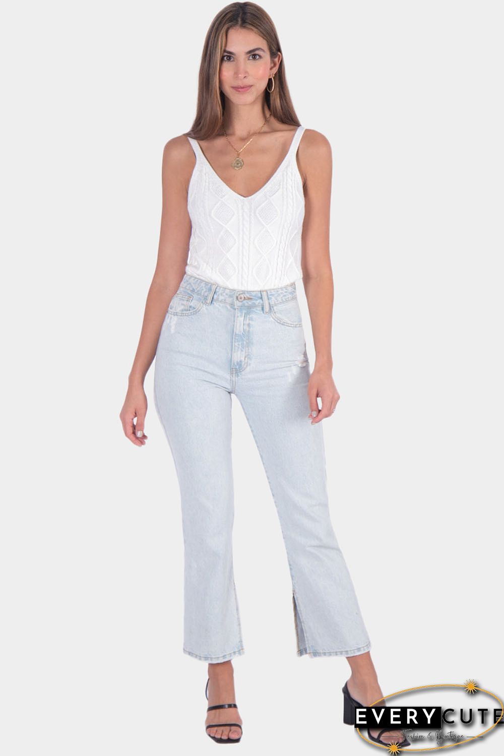 White Geometric Cable Knit Textured Tank Top