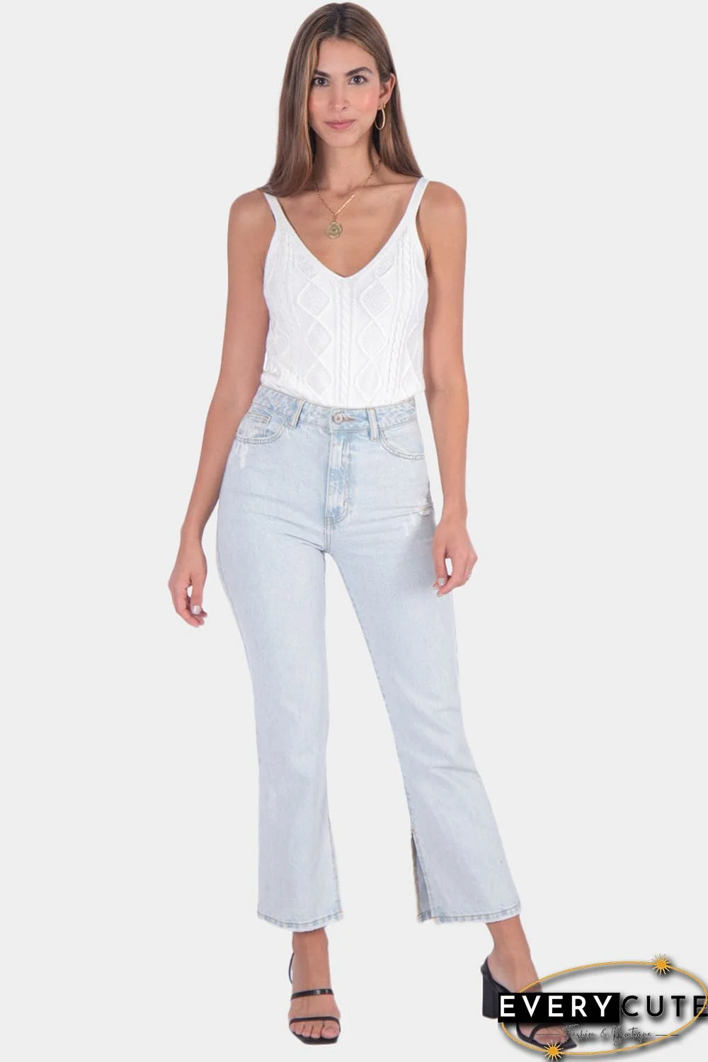 White Geometric Cable Knit Textured Tank Top