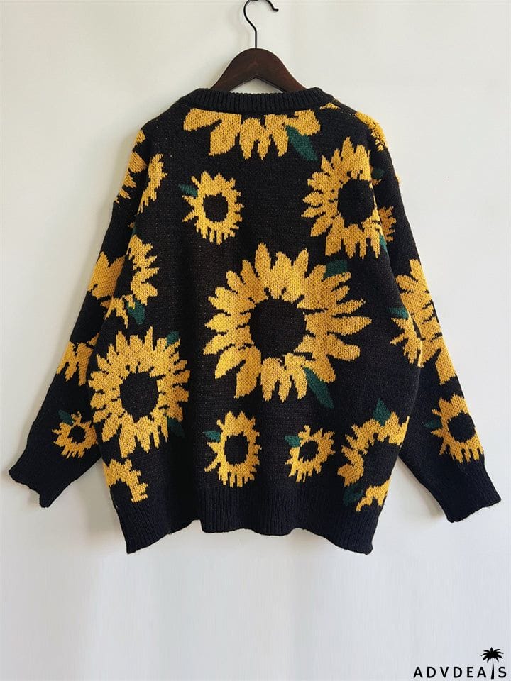 Female Sunflower Crew Neck Pullover Knit Sweater