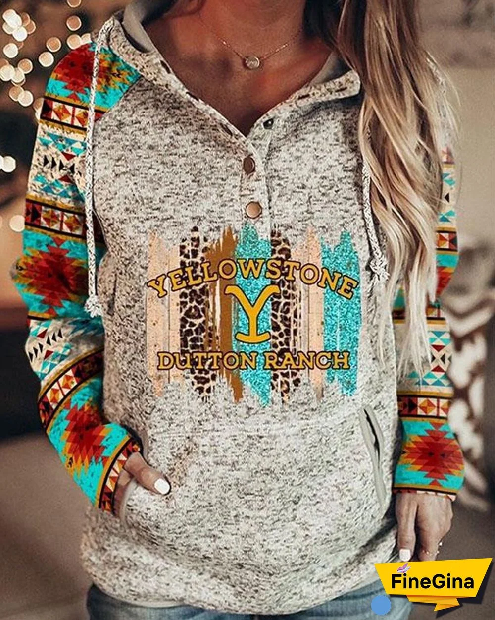 Ladies Yellowstone Print Hoodie Fleece Sweatshirt