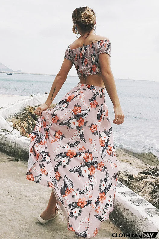 Off-the-shoulder Floral Slit Two Piece Sets