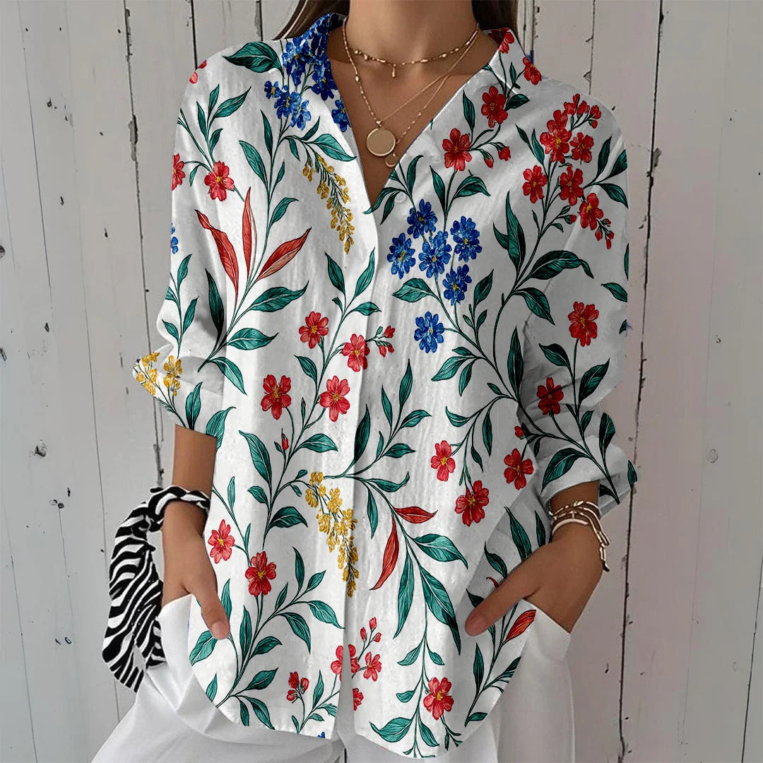 Style & Comfort for Mature Women Women Floral, Red DZCL0076 3/4 Sleeve Shirt Collar Printed Button Tops