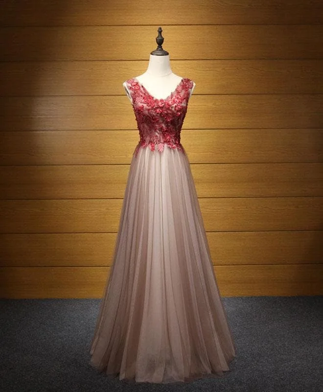 Elegant V Neck Tulle Lace Applique Long Prom Dress, Evening Dress