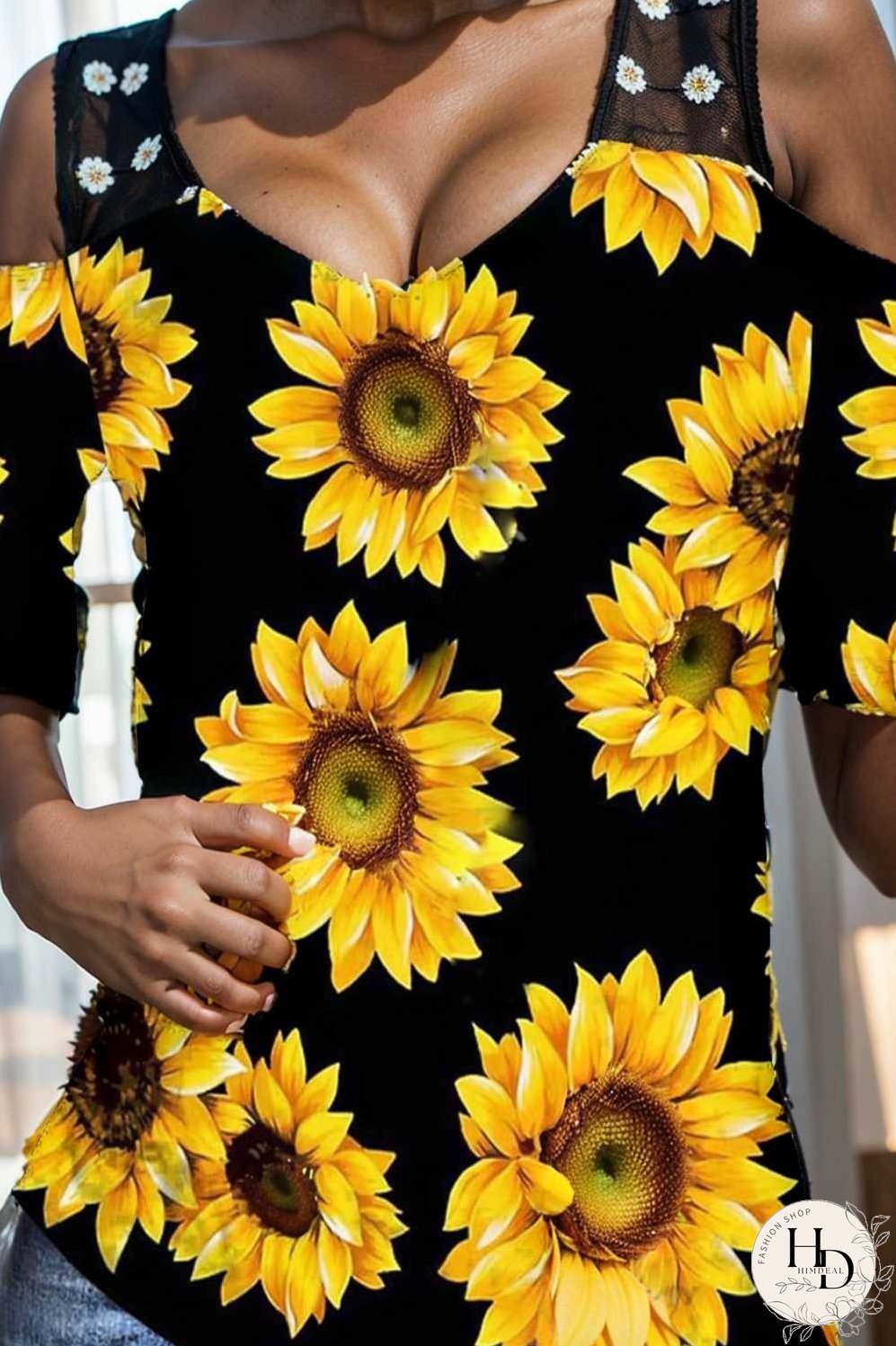 sunflower print off shoulder hollow wide shoulder strap t shirt