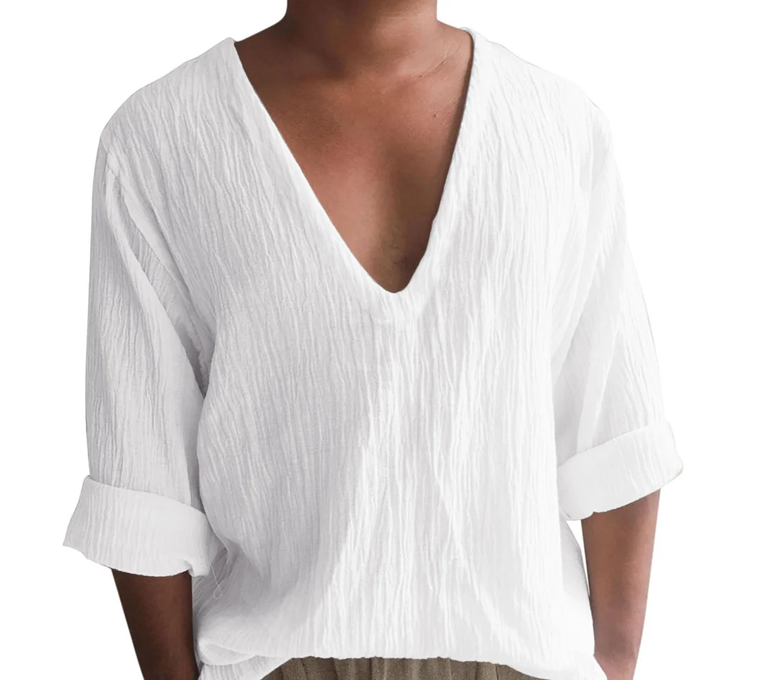 Linen Style V-neck Beach Long-sleeved Shirt