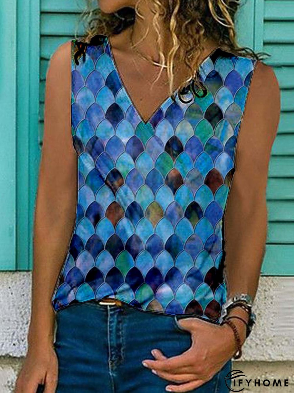 Paisley Sleeveless Printed Cotton-blend V neck Holiday Summer Blue Top | IFYHOME