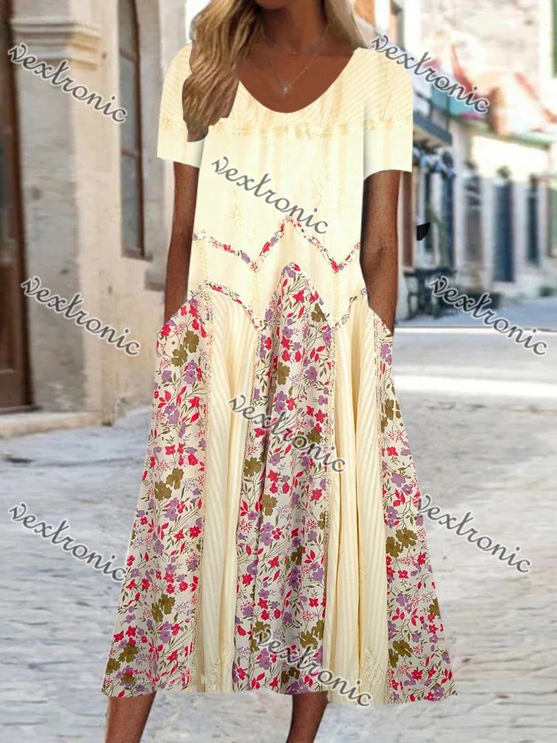 Women Short Sleeve Scoop Neck Floral Printed Stitching Maxi Dress