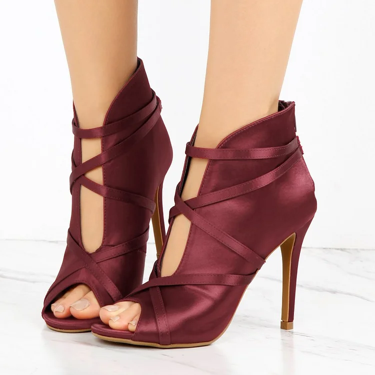 Burgundy Satin Peep Toe Booties Cut out Strappy Stiletto Heel Boots |FSJ Shoes