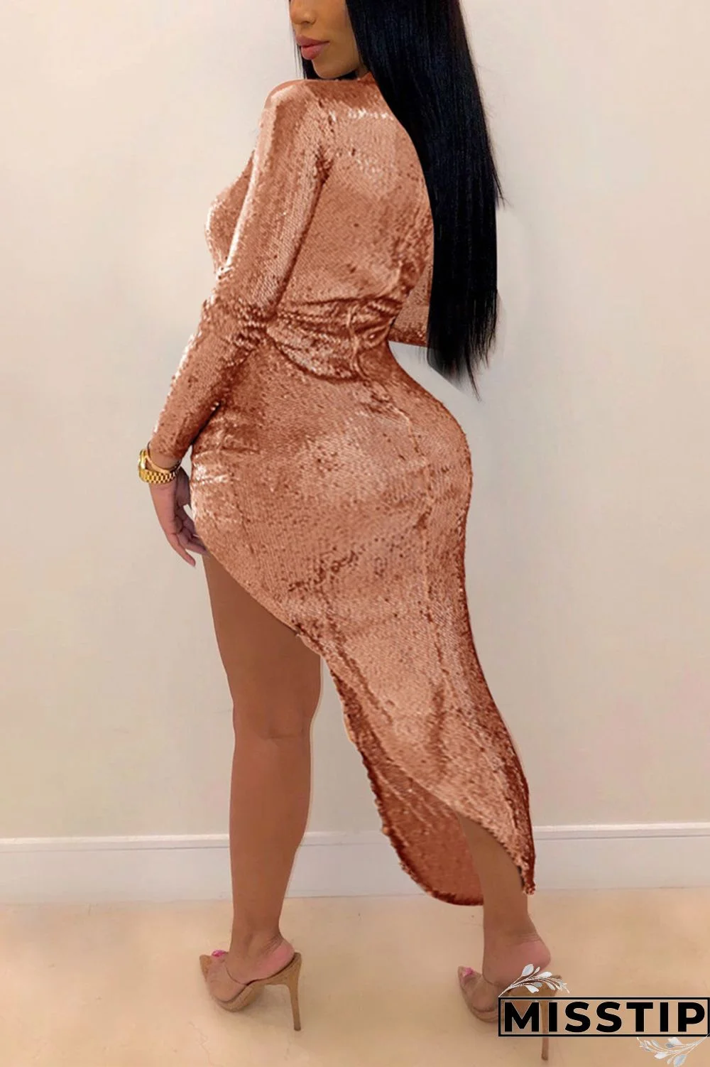 Pink Fashion Sexy Solid Sequins Patchwork V Neck Irregular Dress