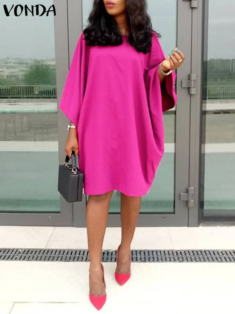 VONDA 2022 Summer Dress Women Bohemian 3/4 Sleeve Holiday Party A-line Dress Casual Crew Neck Midi Vestidos Oversized Robe Femme