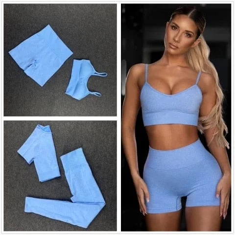 Khalesexx sport Seamless Women Yoga Set Workout Shirts Sport Pants Bra Gym Clothing Short Crop Top High Waist Running Leggings Sports Set 2005