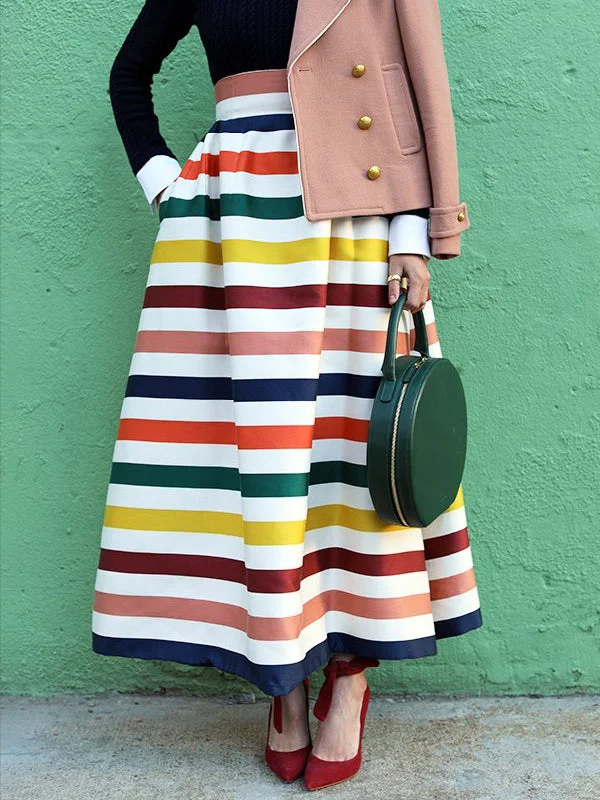 Contrast Color Striped High Waisted Skirts Bottoms