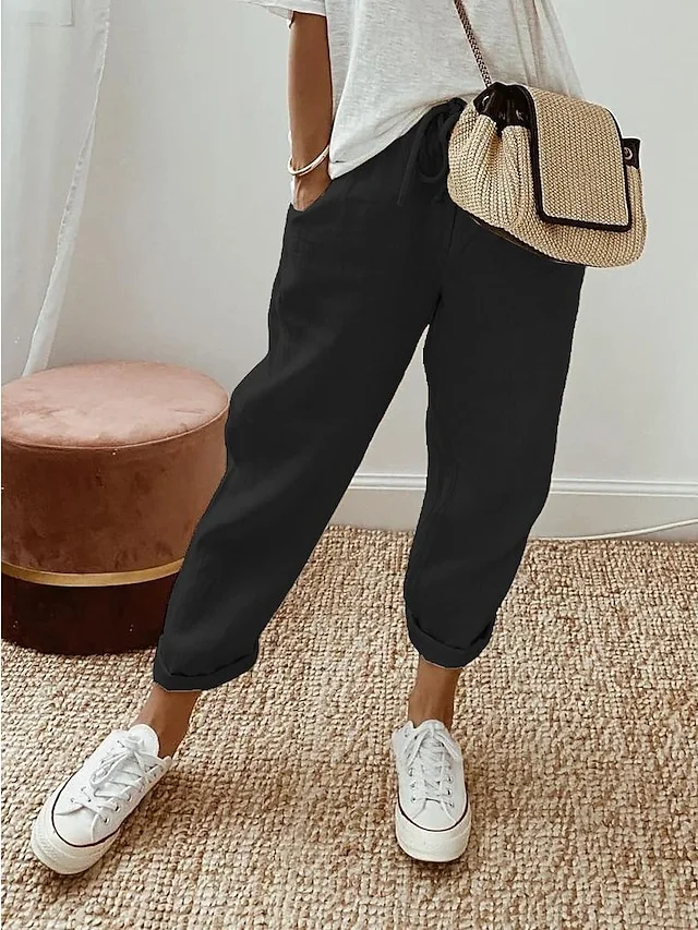 Women's Pants Trousers Faux Linen Black White Blue Fashion Casual Daily Side Pockets Full Length Comfort Plain S M L XL 2XL socialshop
