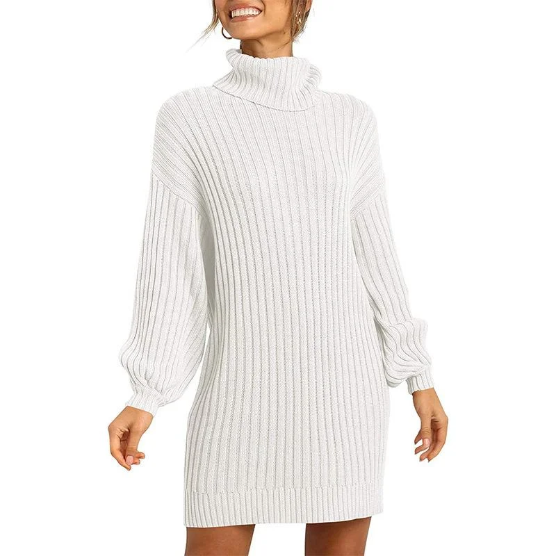 Fashion Women's High Neck Medium Length Sweater Dress White Dresses | IFYHOME