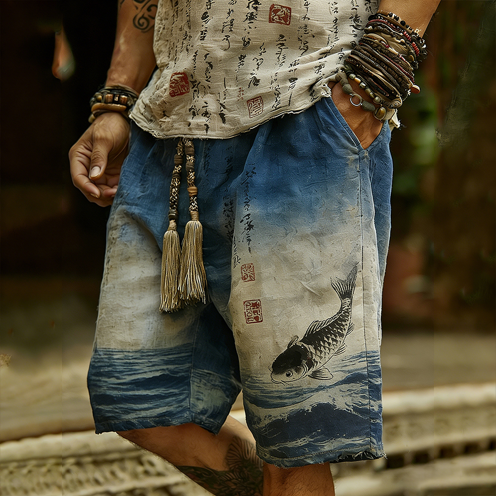 Vintage Japanese Style Carp And Wave Linen Shorts  artssus