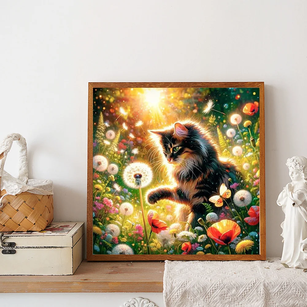 Full Round Diamond Painting 30*30cm - Dandelion And Cat