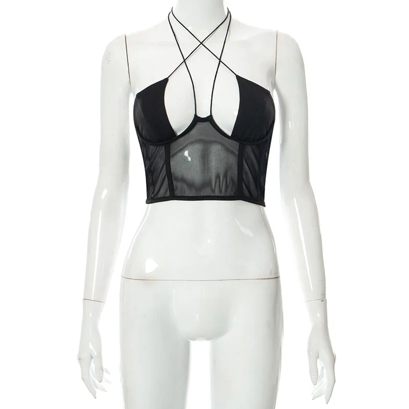 2022 New Sexy Women Crop Top Lacing Halterneck Backless See-Through Ladies Summer Tops For Party Club