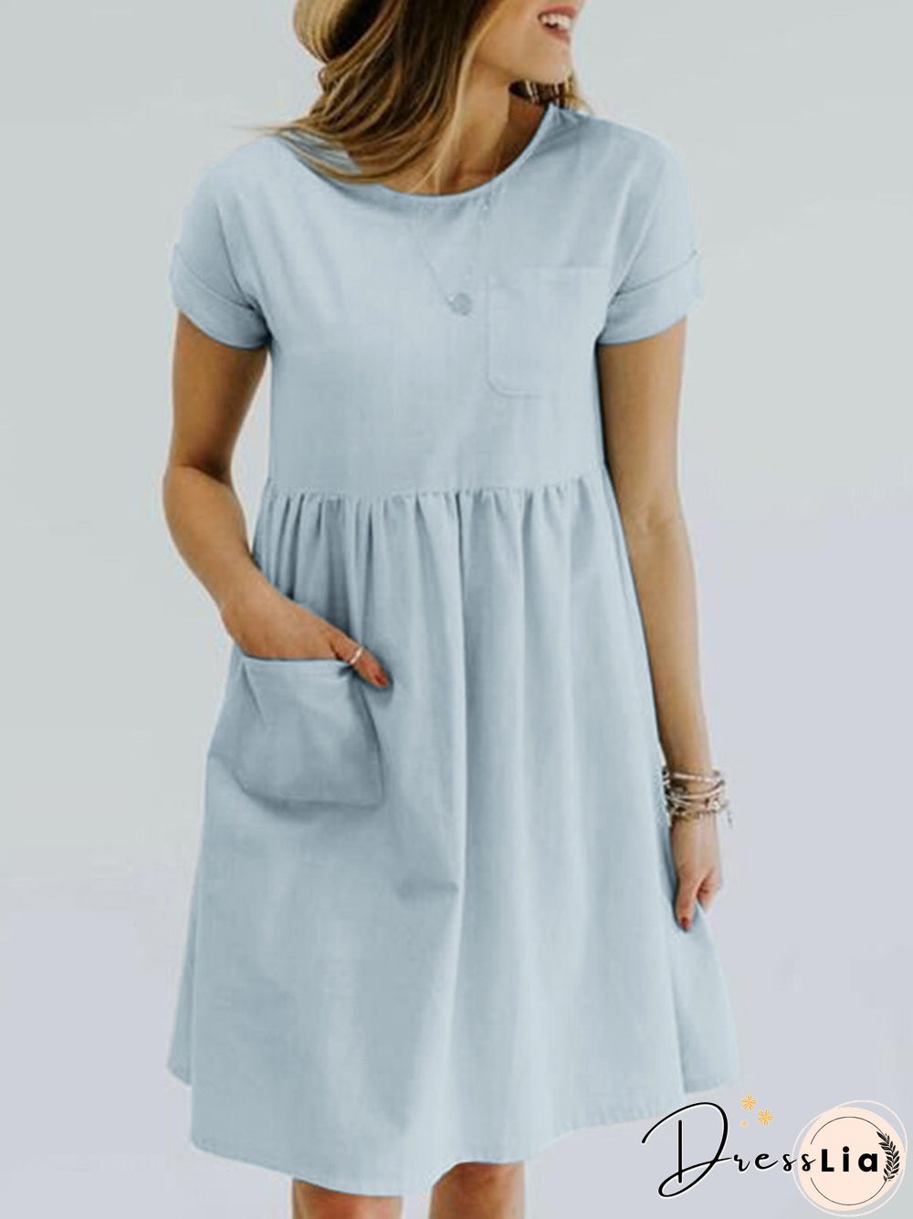 Solid Pocket Ruched Roll Short Sleeve Casual Midi Dress