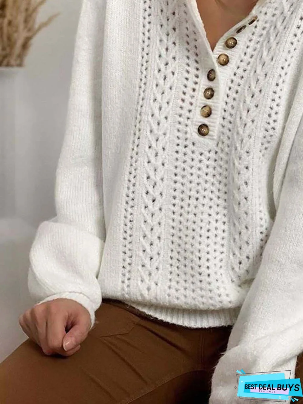 Long Sleeve  Cotton-blend  Crew Neck Casual  Winter  White Knit