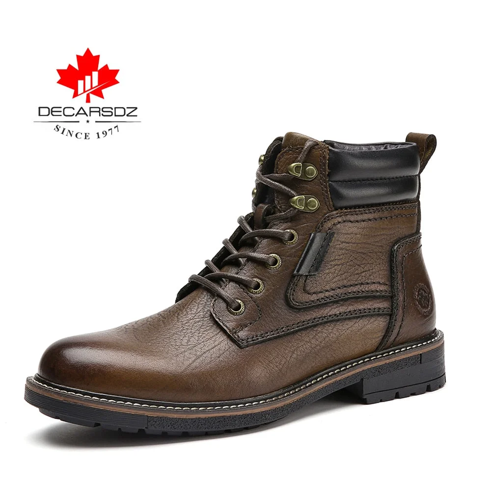DECARSDZ Men Boots Cow Genuine Leather Men's Boots 2021 Winter Warm short plush Comfy Lace-up Durable outsole Men Snow Boots