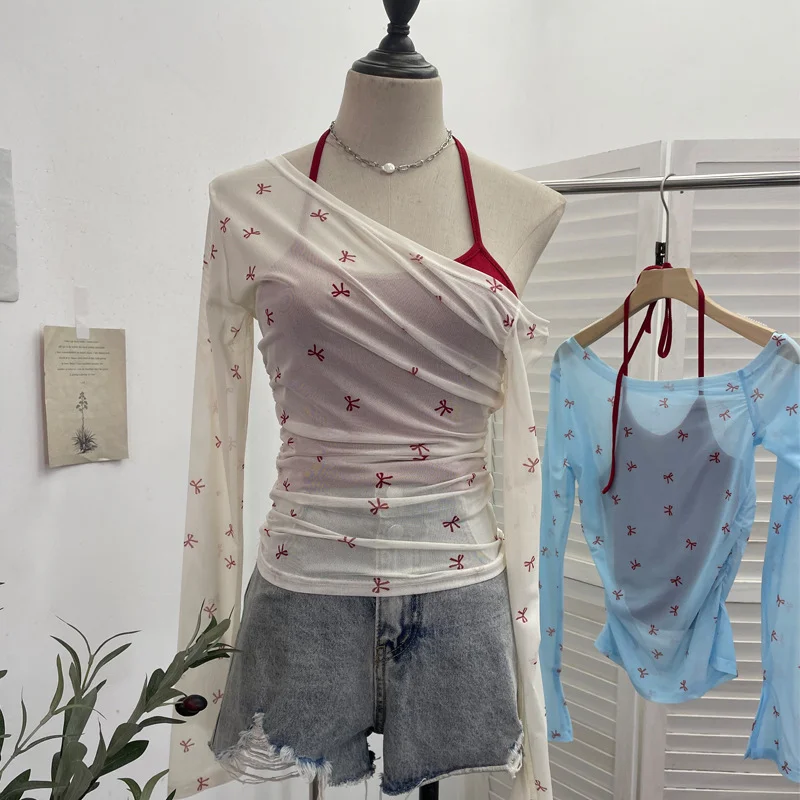 Uveng Fake Two Hanging Neck Sling Long-Sleeved T-Shirt Two Sets Of Thin Outer Sunshield Shirt Short Oblique Shoulder Coat 8861