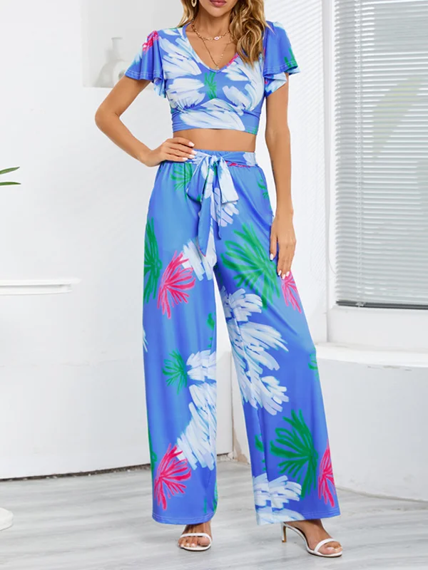 Loose Short Sleeves Printed V-Neck T-shirt Top + Elasticity Pockets Tied Waist Pants Bottom Two Pieces Set