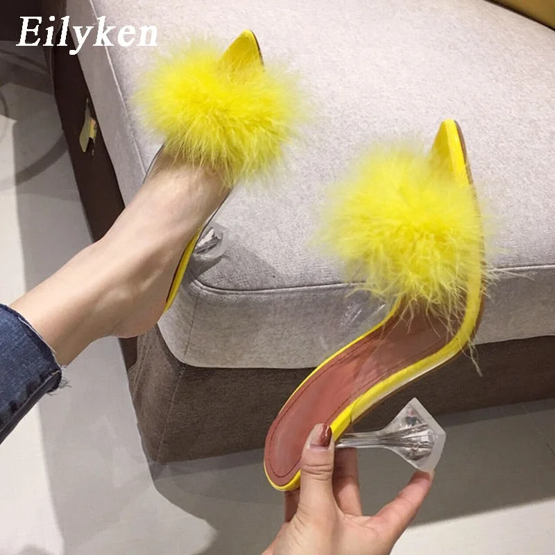 Eilyken 2021 New PVC shoes Woman Feather Transparent High heels Fur Pumps Slippers Women Peep toe Mules Lady Pumps Slides White