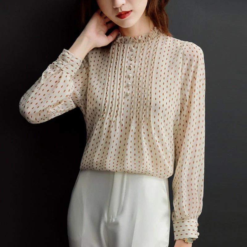 Spring Autumn Style Chiffon Blouses Women Shirts Lady Casual Long Sleeve O-Neck Polka Dot Printed Chiffon Blusas Mujer Tops11859