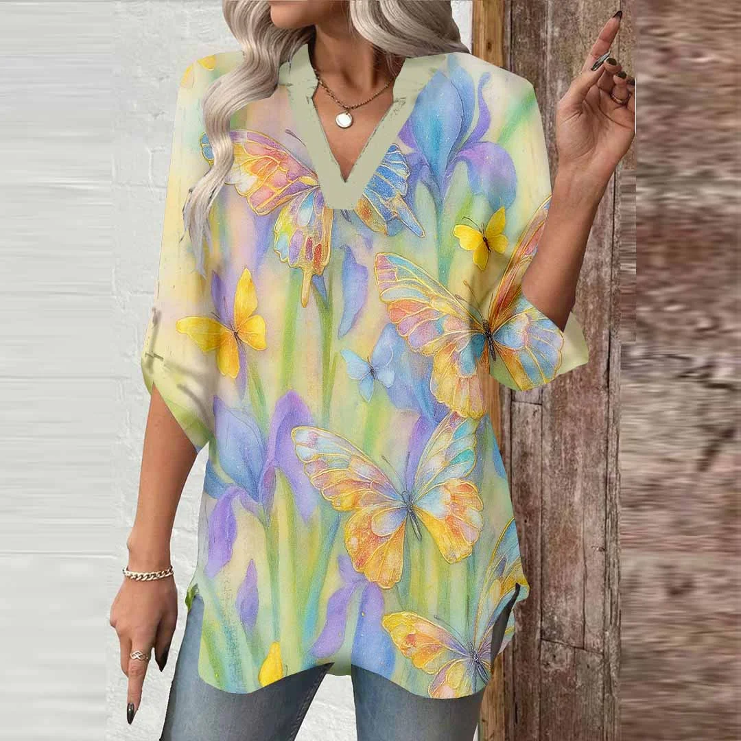 Women Shiny,Yellow,Floral DZGA0720 3/4 Sleeve V-neck Printed Graphic Button Tops