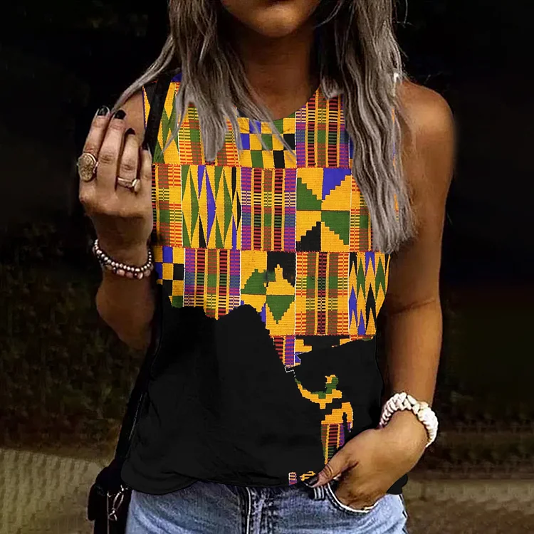 Comstylish African Tribal Kente Print Crew Neck Tank Top