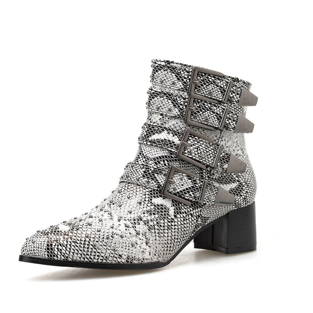 Snake Texture Short Boots Buckle Decor Chunky Heel Booties Nicepairs