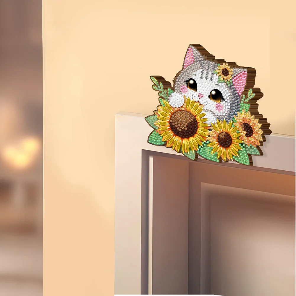 2Pcs Sunflower Cat Diamond Painting Door Corner Sign Rhinestone Door Frame Decor
