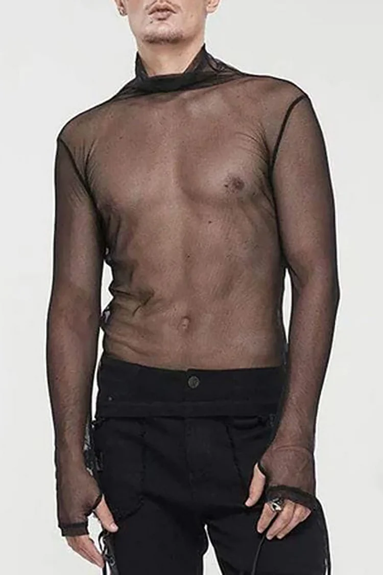 Mesh See-Through Turtleneck Casual Slim Fit Top