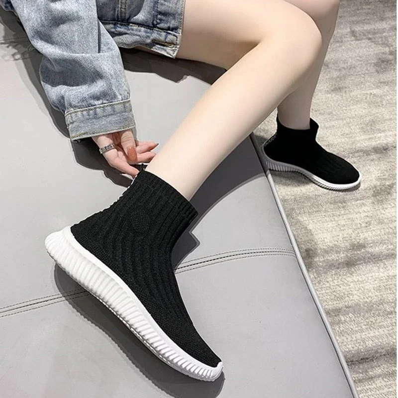 Vstacam Back to School Autumn New Socks Shoes Woman Stretch Fabric Mid-Calf Casual Platform Boots Net Red Knitted Short Boots Women Plus Size Booties