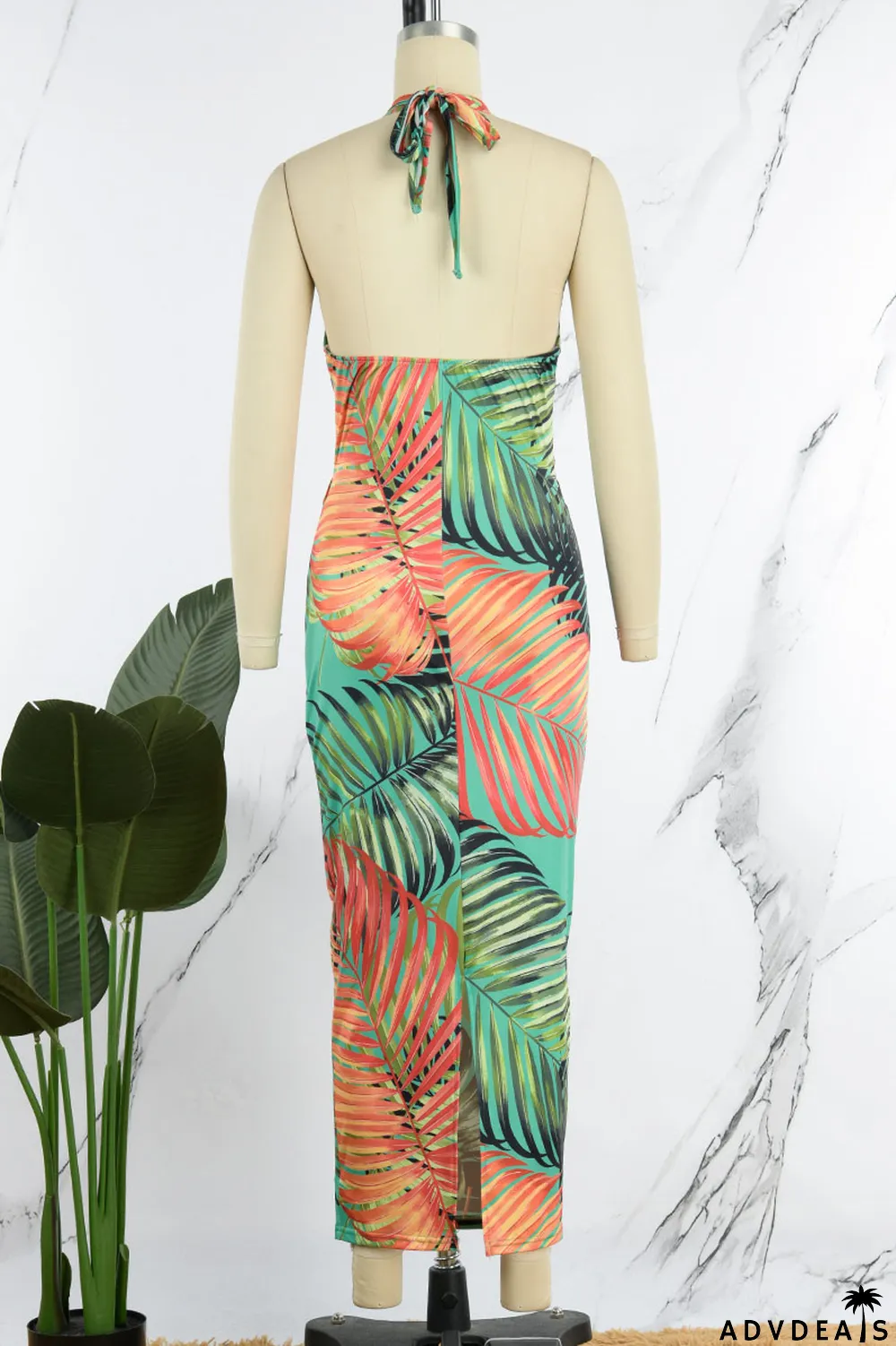 Green Sexy Print Bandage Patchwork Backless Halter Pencil Skirt Dresses