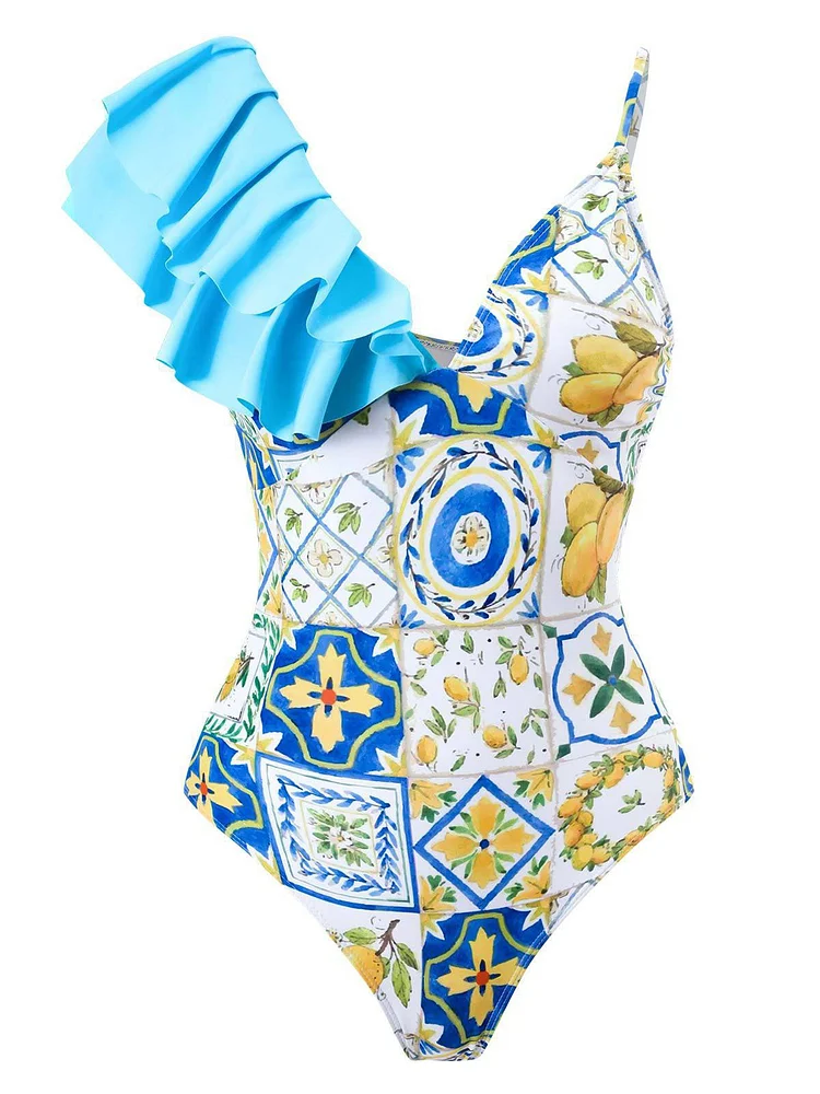 Ruffled Court Print Swimsuit Two-Piece Set