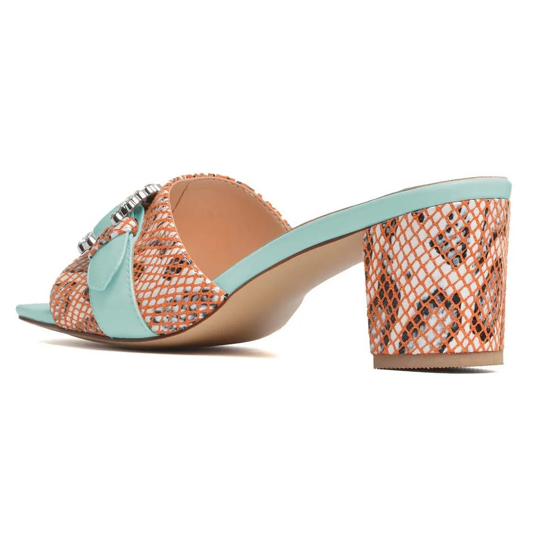Multicolor Square Toe Rhinestone Buckle Block Heel Mules Sandals
