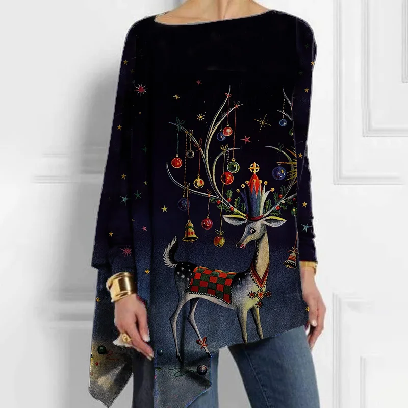 Christmas Elk And Decorative Printed Casual Long-Sleeved T-shirt