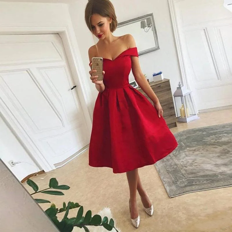 Neosepa-Off Shoulder High Waist Red Midi Dress