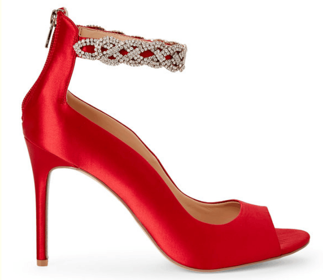 Red Satin Custom Made Rhinestone Ankle Strap Pumps |FSJ Shoes