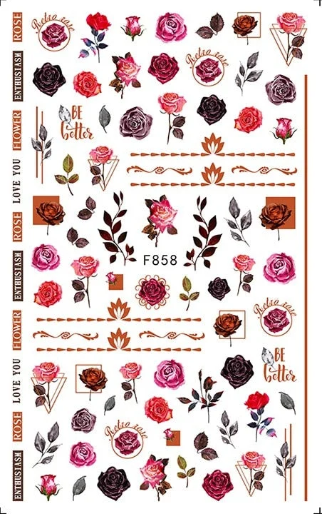 Purple Red Pink Rose Flower 3D Nail Sticker Leaves Love Heart Self-Adhesive Slider Art Decorations Decals Manicure Accessories-Nail Inspo