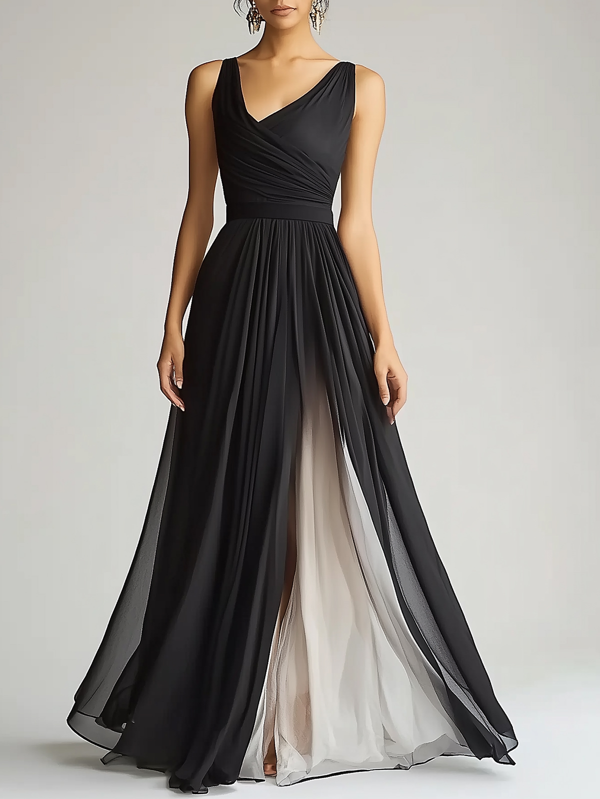 Ursime Formal Chiffon Slant V Neck Sleeveless Gradient Maxi Dress