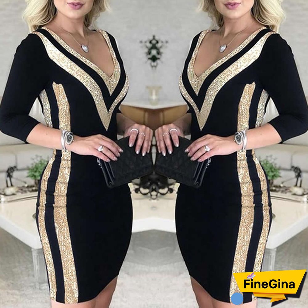 New Women Fashion Deep V-Neck Sequins Colorblock Long Sleeve Bodycon Dresses Package Hip Robe Cocktail Vestidos Party Dress Plus Size