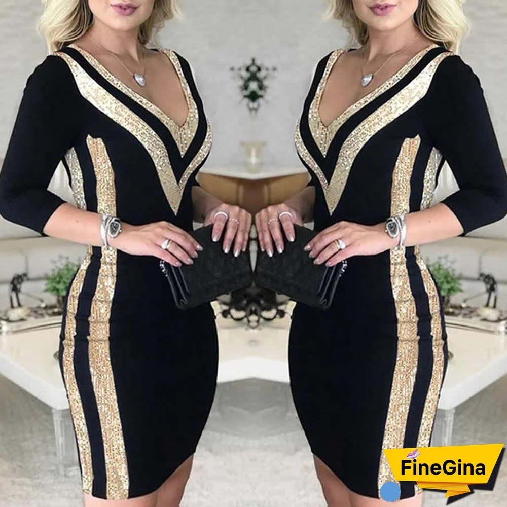 New Women Fashion Deep V-Neck Sequins Colorblock Long Sleeve Bodycon Dresses Package Hip Robe Cocktail Vestidos Party Dress Plus Size