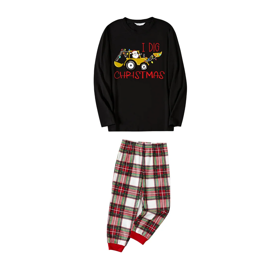 Christmas Excavator Print Black Long Sleeve Top with Red & White & Green Plaid Family Matching Pajamas