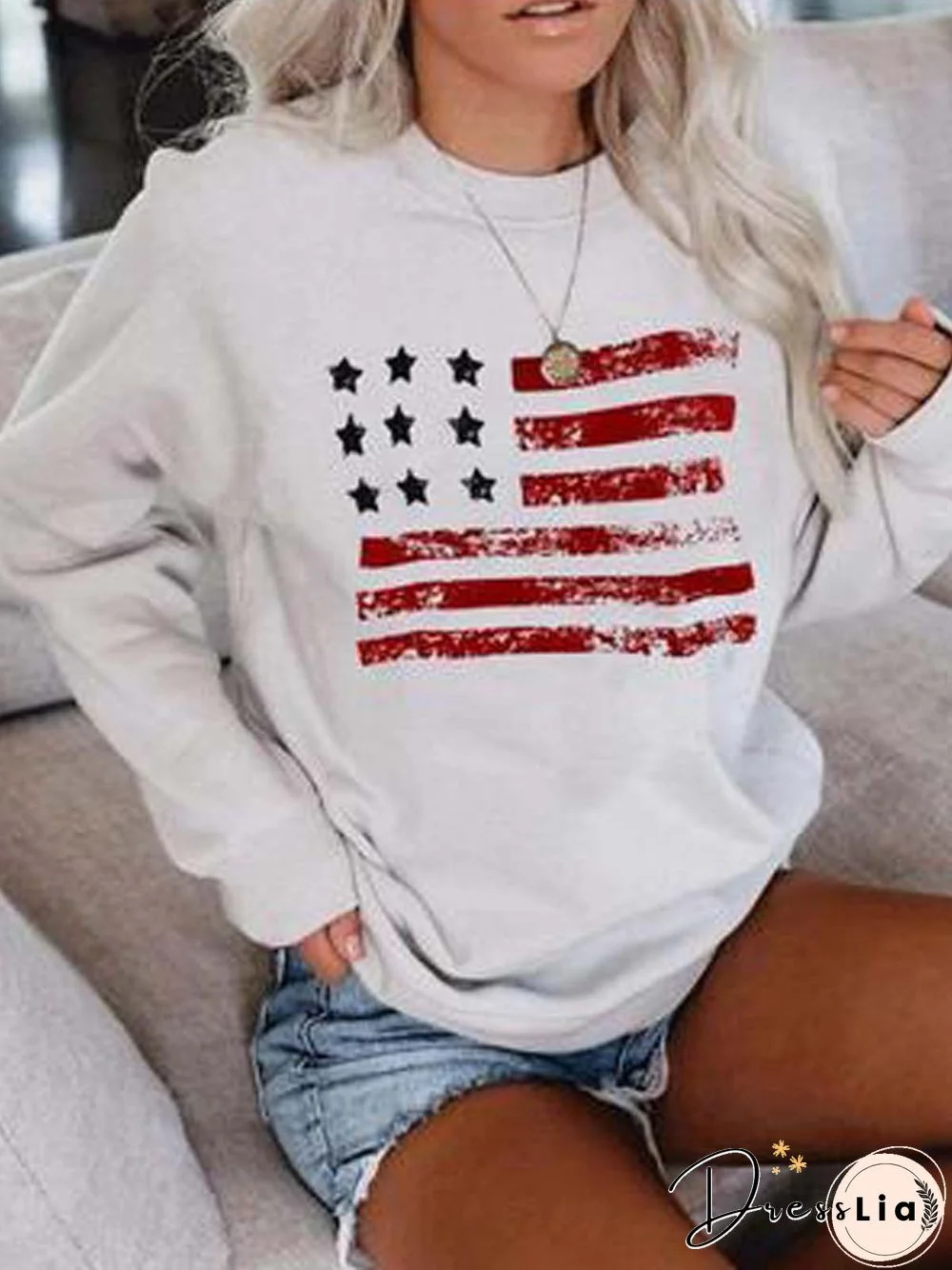 Long Sleeve Printed Polyester Crew Neck Top