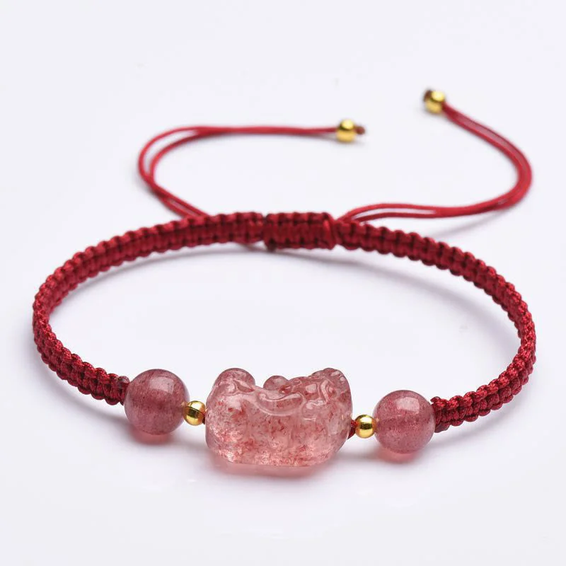 Natural Strawberry Quartz PiXiu Lucky Red String Bracelet